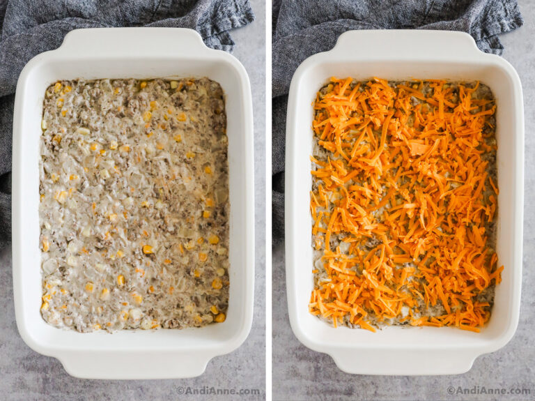 Two casserole dishes, first with creamy recipe ingredients. Second with shredded cheese sprinkled on top.