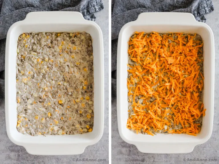 Two casserole dishes, first with creamy recipe ingredients. Second with shredded cheese sprinkled on top.
