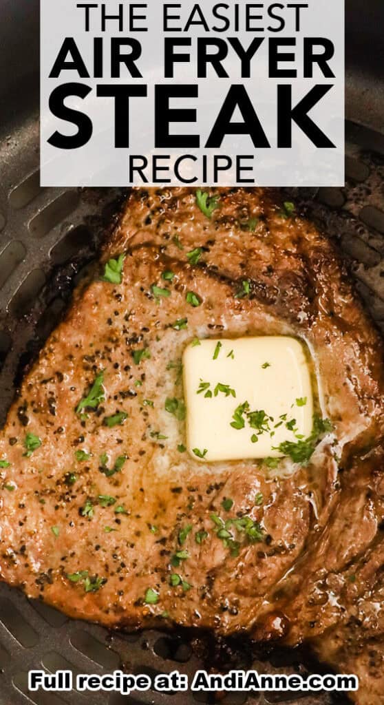 Close up of an air fryer steak topped with butter.