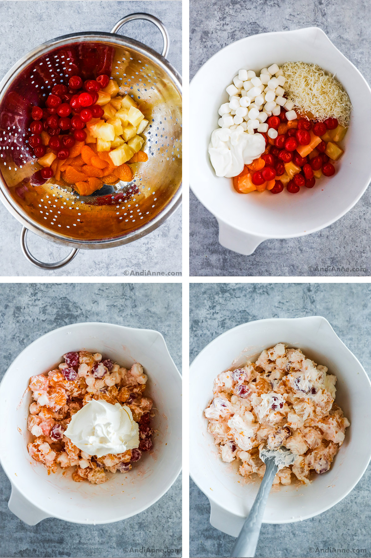 Four images showing various stages of making recipe, first is canned fruit in strainer, second is ingredients dumped in bowl unmixed, third is whipped topping dumped over mixed fruit, fourth is ambrosia salad recipe.