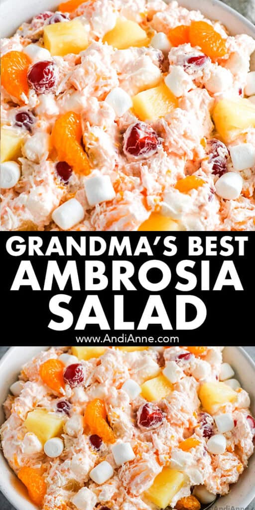 Grandma's best ambrosia salad recipe in a bowl.