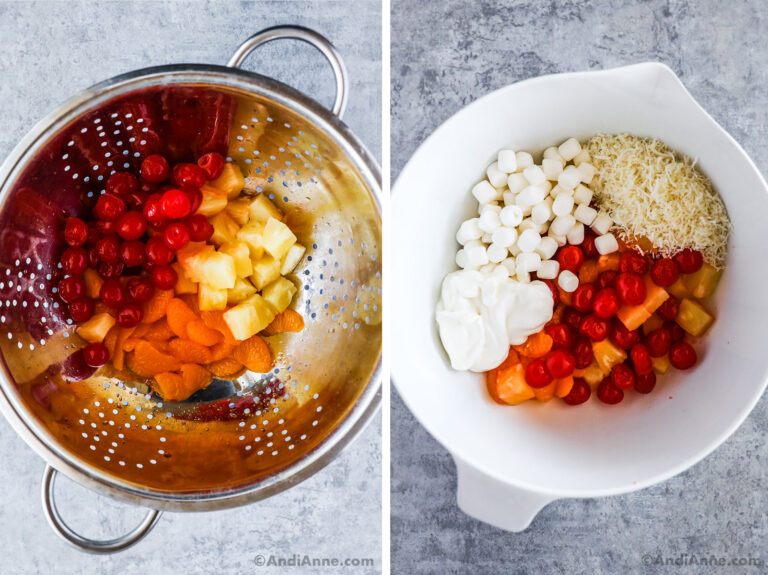 Strainer with canned cherries, pineapple and fruit. Plus a bowl with canned fruit, shredded coconut, whipped topping and marshmallows.