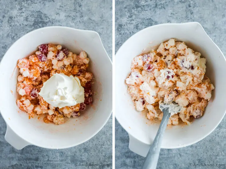 Bowl of mixed ambrosia salad with whipped topping dumped on top, and finished ambrosia salad.