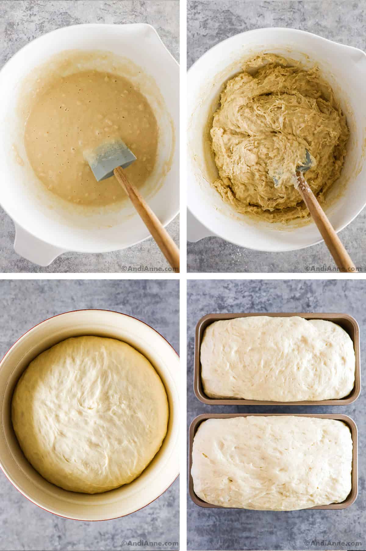 Four images grouped together, Bowl with dough in different stages, bowl with dough expanded, dough in two loaf pans expanded.