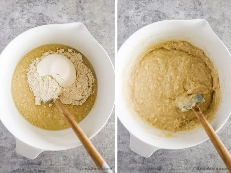 Flour over dough ingredients, then mixed in.