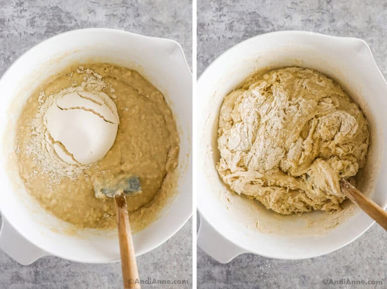 Flour and other dough ingredients in a bowl.