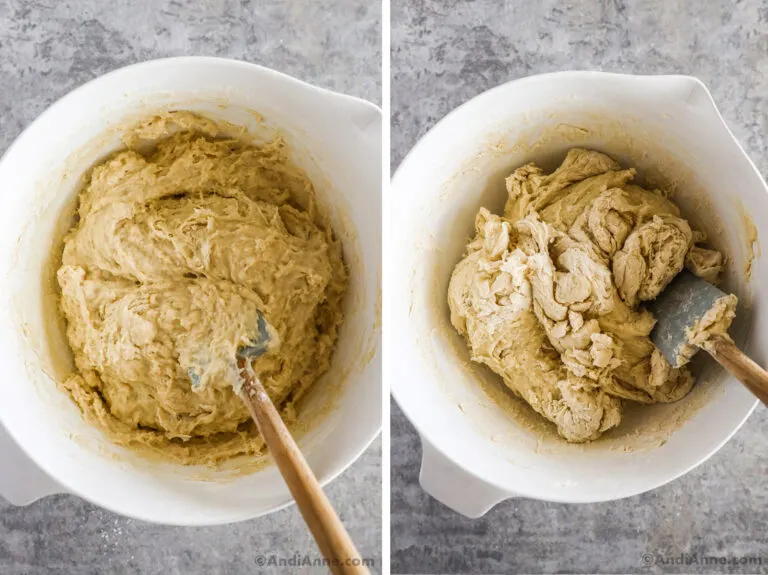Lumpy dough mixed together.