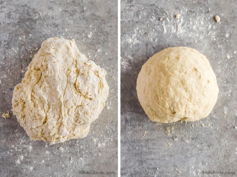 Dough before and after kneading it. First lumpy then smooth.
