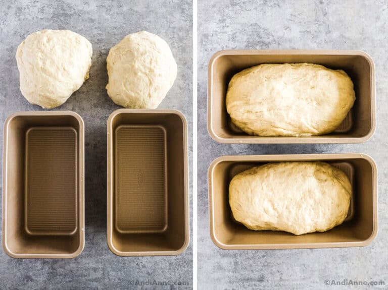 Dough divided into two loaf pans.