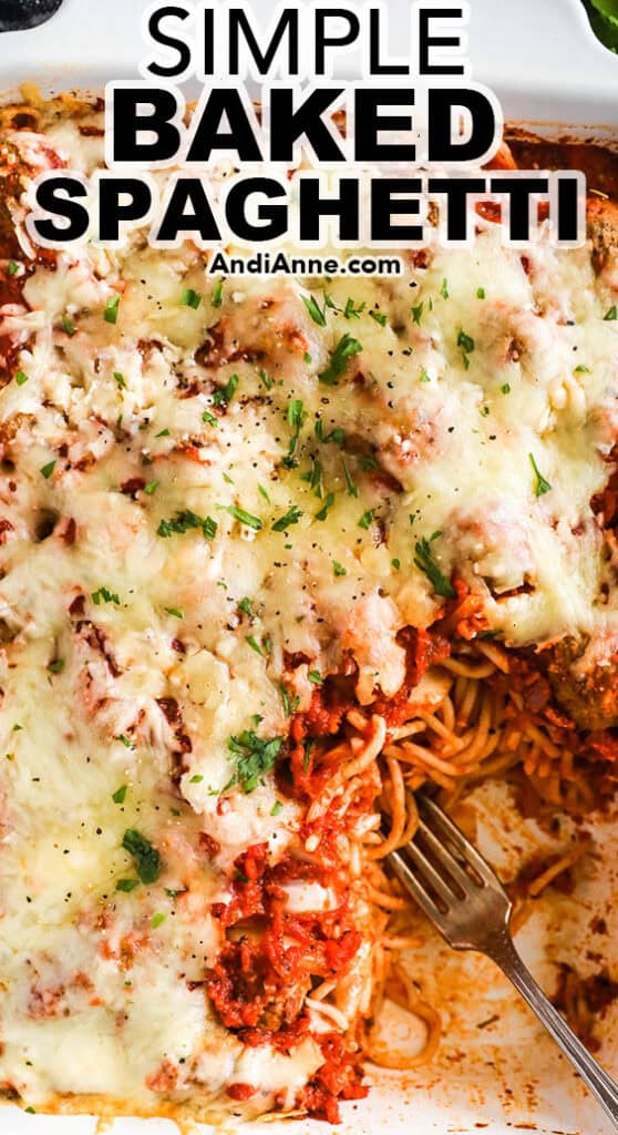 Simple baked spaghetti and meatballs topped with cheese.