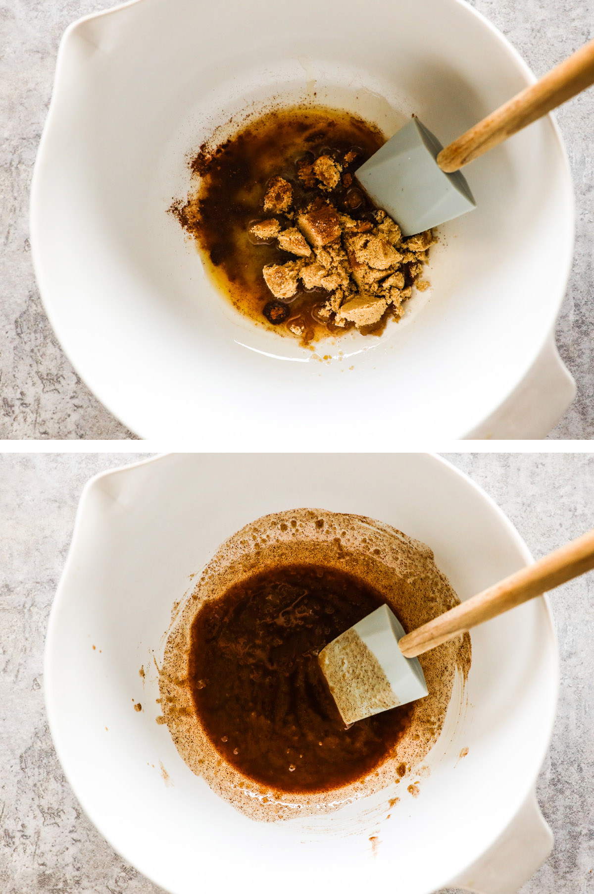 Two images of a white bowl, first with brown sugar and melted butter dumped in. Second with ingredients mixed together.