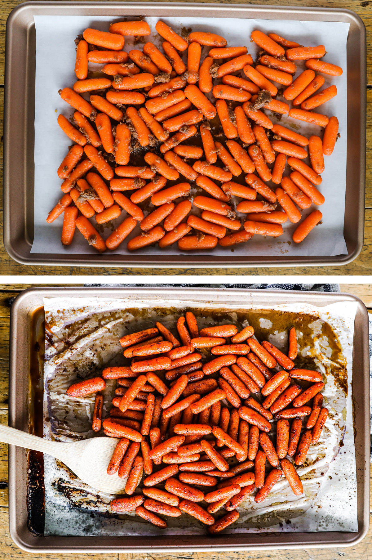 Baby carrots and cinnamon sugar seasoning on top. Second image is carrots cooked.