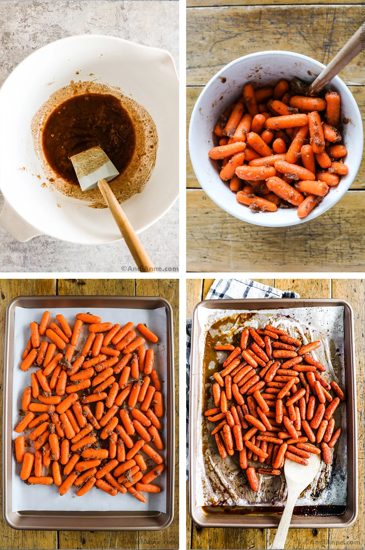 Four images showing various steps to make baked carrots. First is bowl of brown sugar sauce. Second is raw carrots tossed in brown sugar, last two are raw carrots tossed in brown sugar sauce on baking sheet. Last is baked brown sugar carrots on baking sheet.
