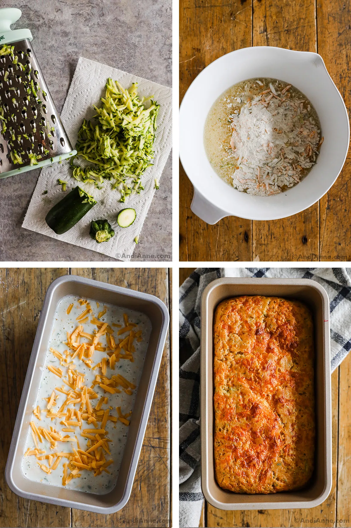 Four images showing steps to make recipe. First is shredded zucchini, second is bowl with dry ingredients dumped on top of wet ingredients, third is batter poured into loaf pan, fourth is baked bread.