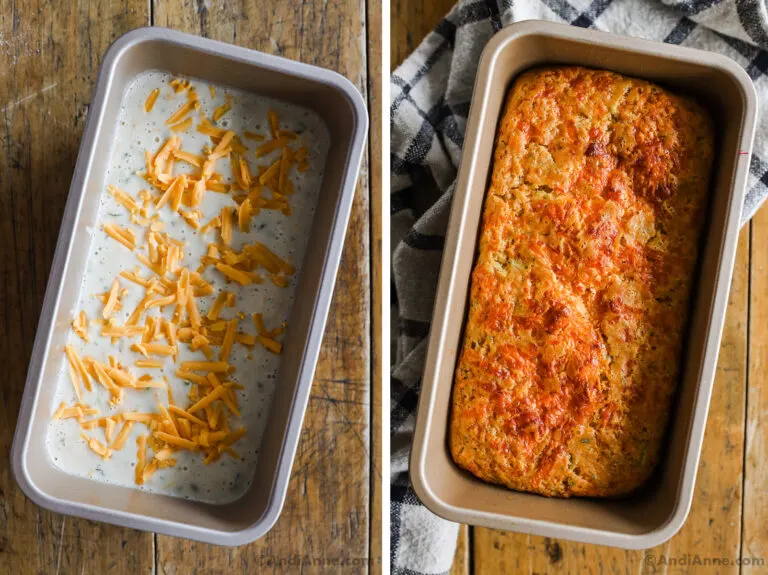 A loaf pan with cheddar zucchini beer bread, first showing it unbaked sprinkled with cheese on top. Second baked.