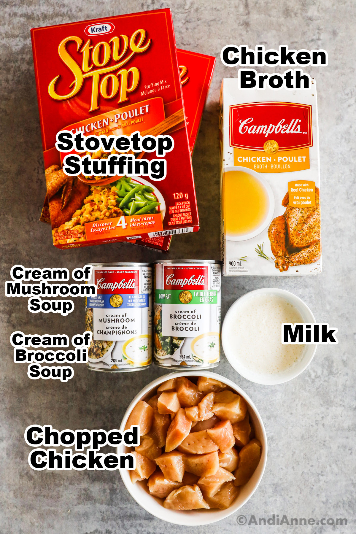 Recipe ingredients including stove top stuffing, chicken broth, condensed cream of mushroom and broccoli soup, milk, and chopped raw chicken
