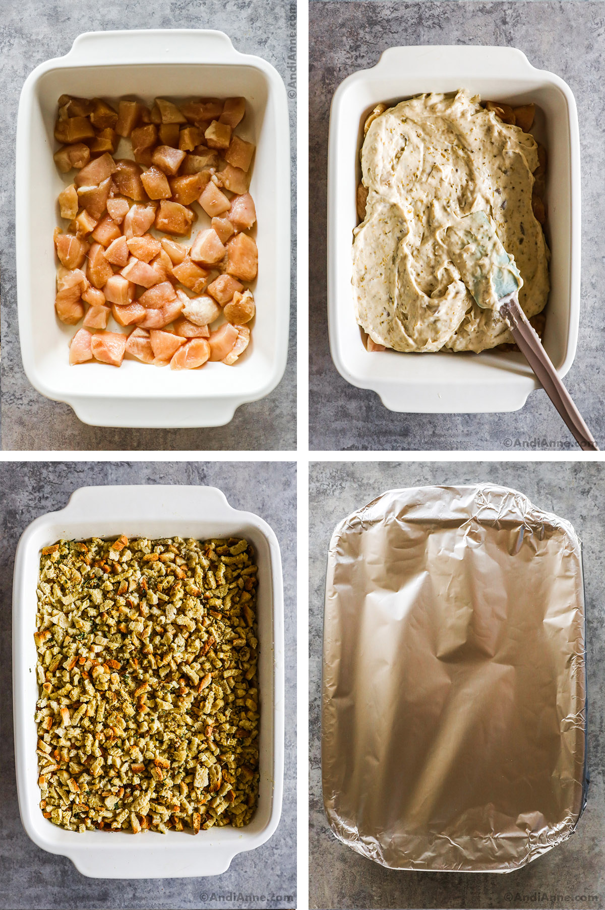 Four images showing steps to make recipe. First is chopped chicken pieces in baking dish, second is creamy sauce poured overtop of chicken, third is stuffing poured on top, fourth is foil covering the baking dish.