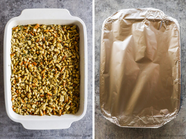 Casserole dish with chicken stuffing recipe, and foil covering casserole dish.