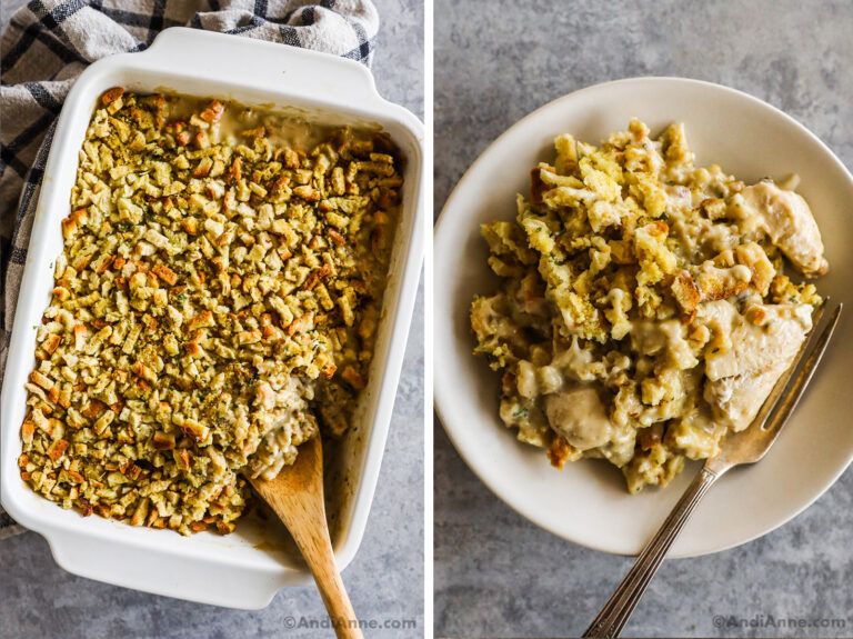 Chicken stuffing casserole recipe in baking dish and a plate with the recipe.