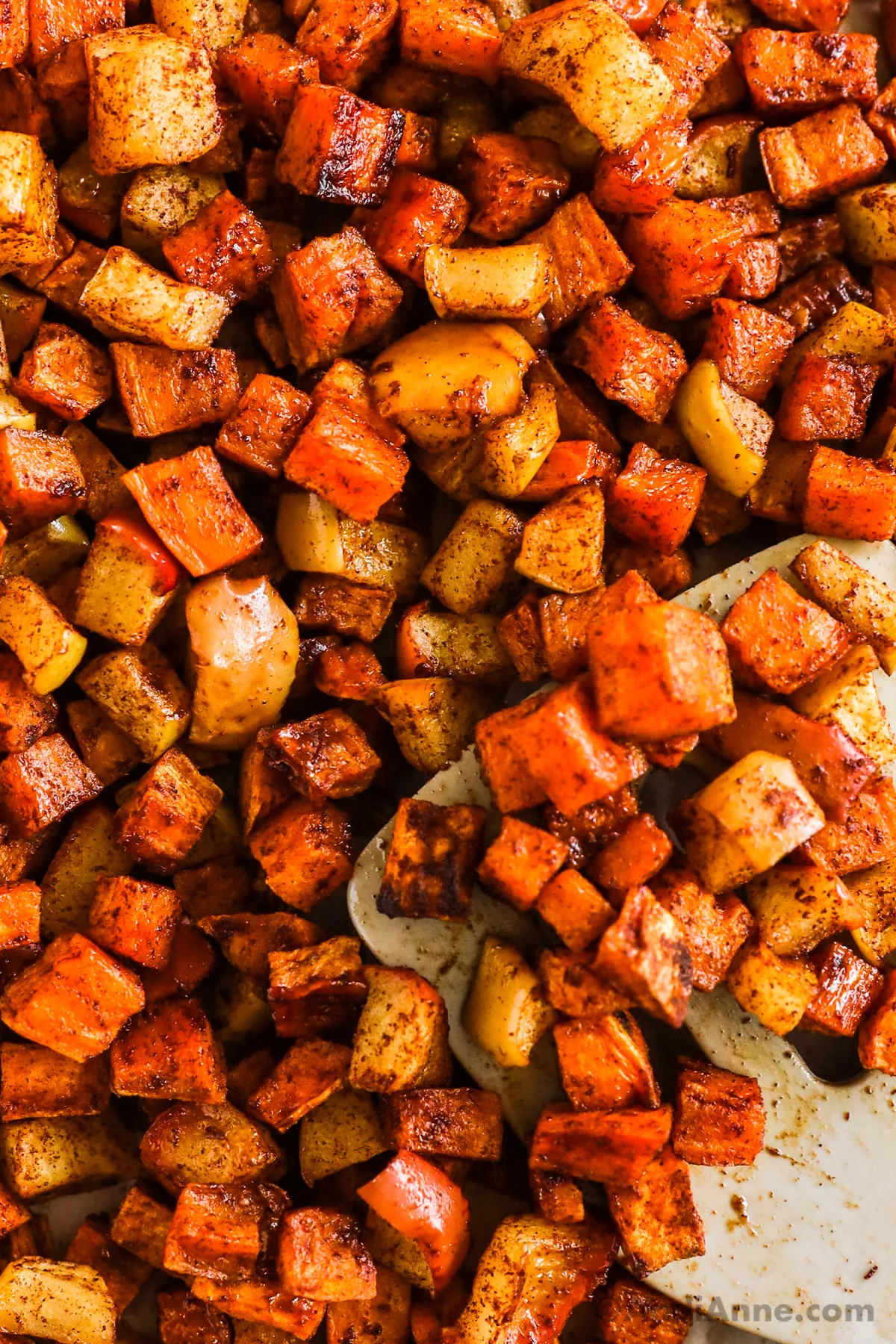 Close up of roasted cinnamon sweet potato and apple.