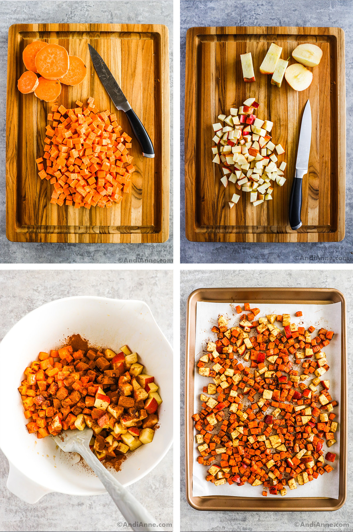 Four images with steps to make recipe. First two are chopped sweet potato and apple on cutting board. Third is bowl of chopped apple and sweet potato with cinnamon on top. Last is roasted sweet potato and apple on baking sheet.