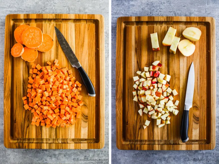 Chopped sweet potatoes and apples on a cutting board.