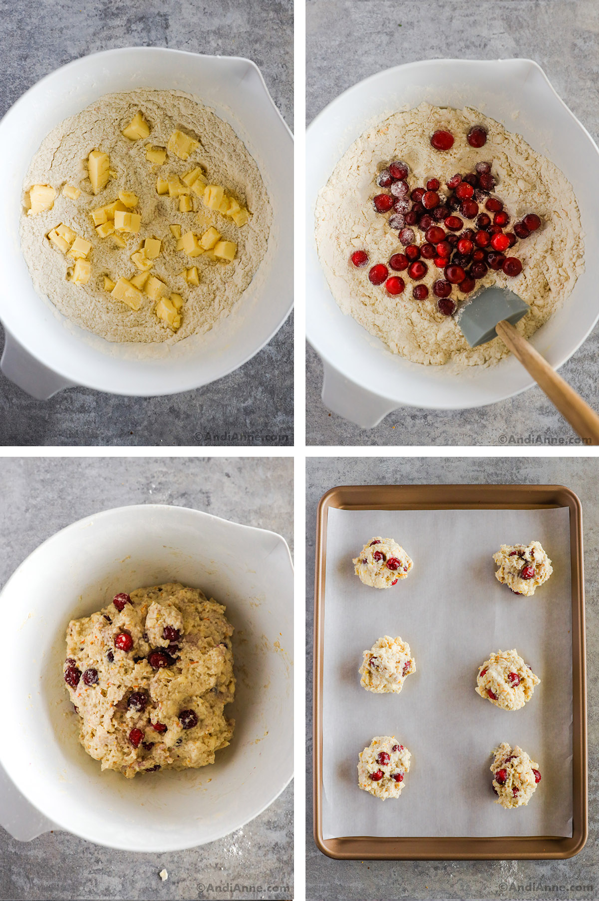 Four images showing steps to make recipe. First two have dry ingredients with cubed butter and cranberries added in. Third is cranberry scone dough in a bowl. Fourth is unbaked cranberry dough scones in mounds on a baking sheet.