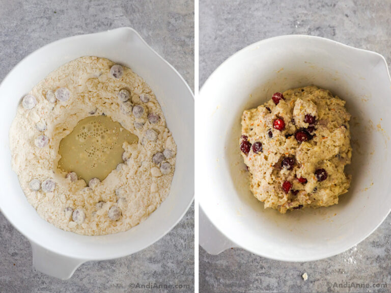 Bowl with dry ingredients and a well in center with wet ingredients. Second image is of cranberry scone batter.