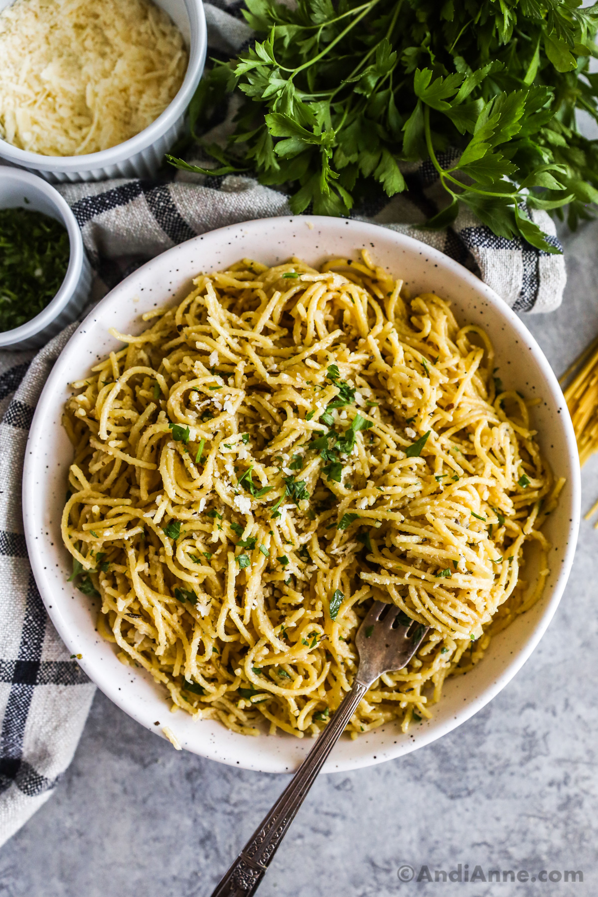 A bowl of garlic parmesan pasta sprinkled with parsley and a fork.