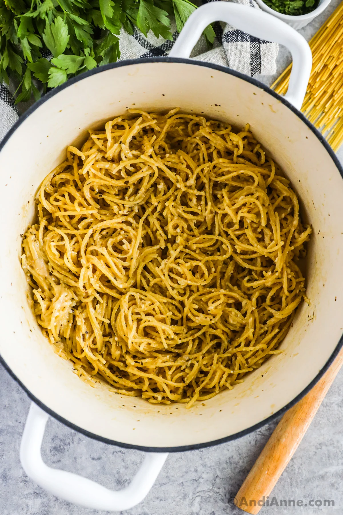 A pot of garlic parmesan pasta noodles.