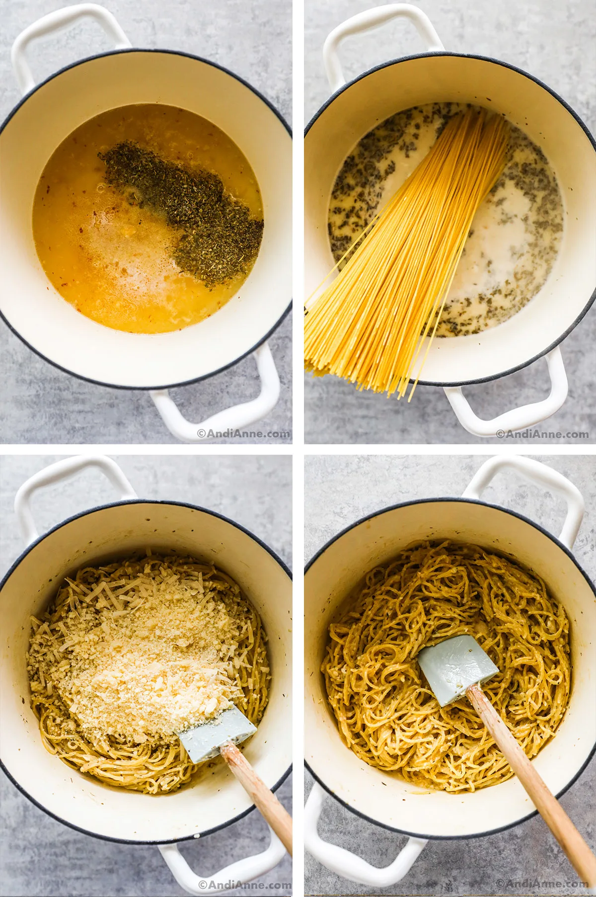 Four images of a pot showing various steps of making the recipe including broth sauce mixture, adding uncooked pasta, adding parmesan cheese and final garlic parmesan noodles.