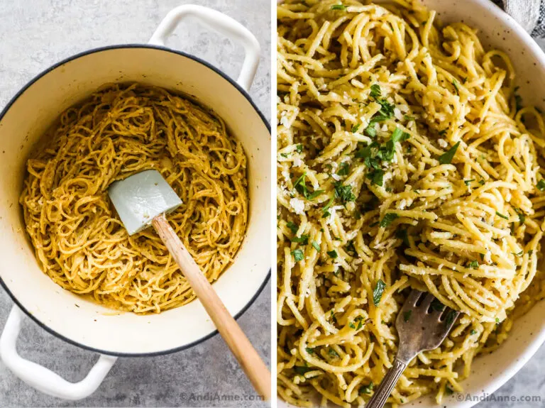 A pot with garlic parmesan pasta noodles and a close up version with a fork in a bowl.