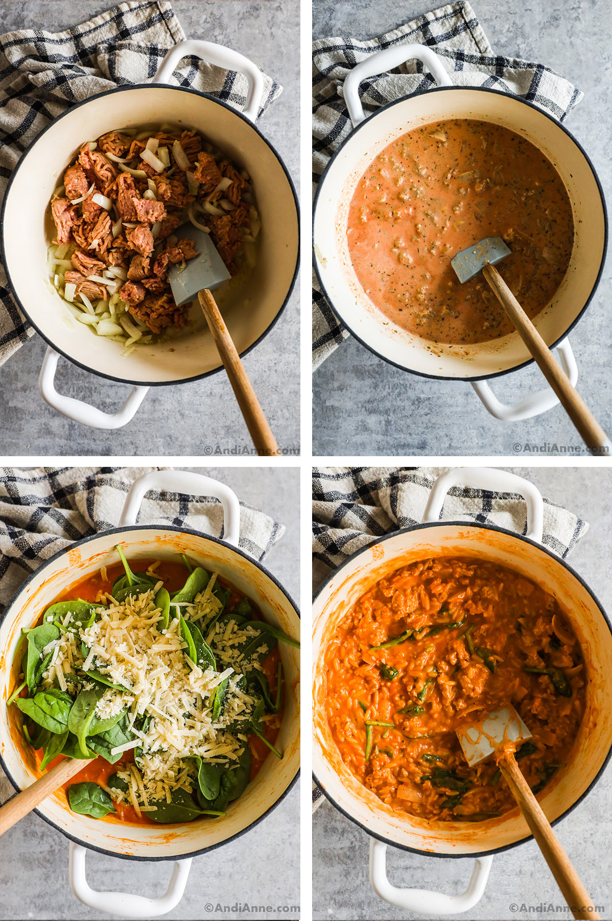 Four images showing various steps to make recipe. First is raw ground turkey and onion, second is liquid with ground beef, third is spinach and grated parmesan dumped over tomato sauce mixture, fourth is ground turkey orzo recipe.