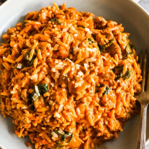 Bowl of ground turkey orzo in tomato sauce.