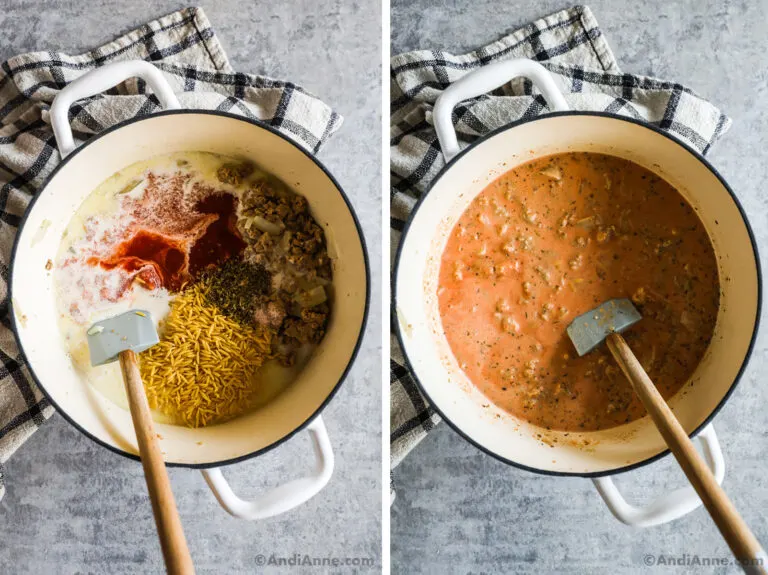 Two images of recipe ingredients dumped into pot in various stages.