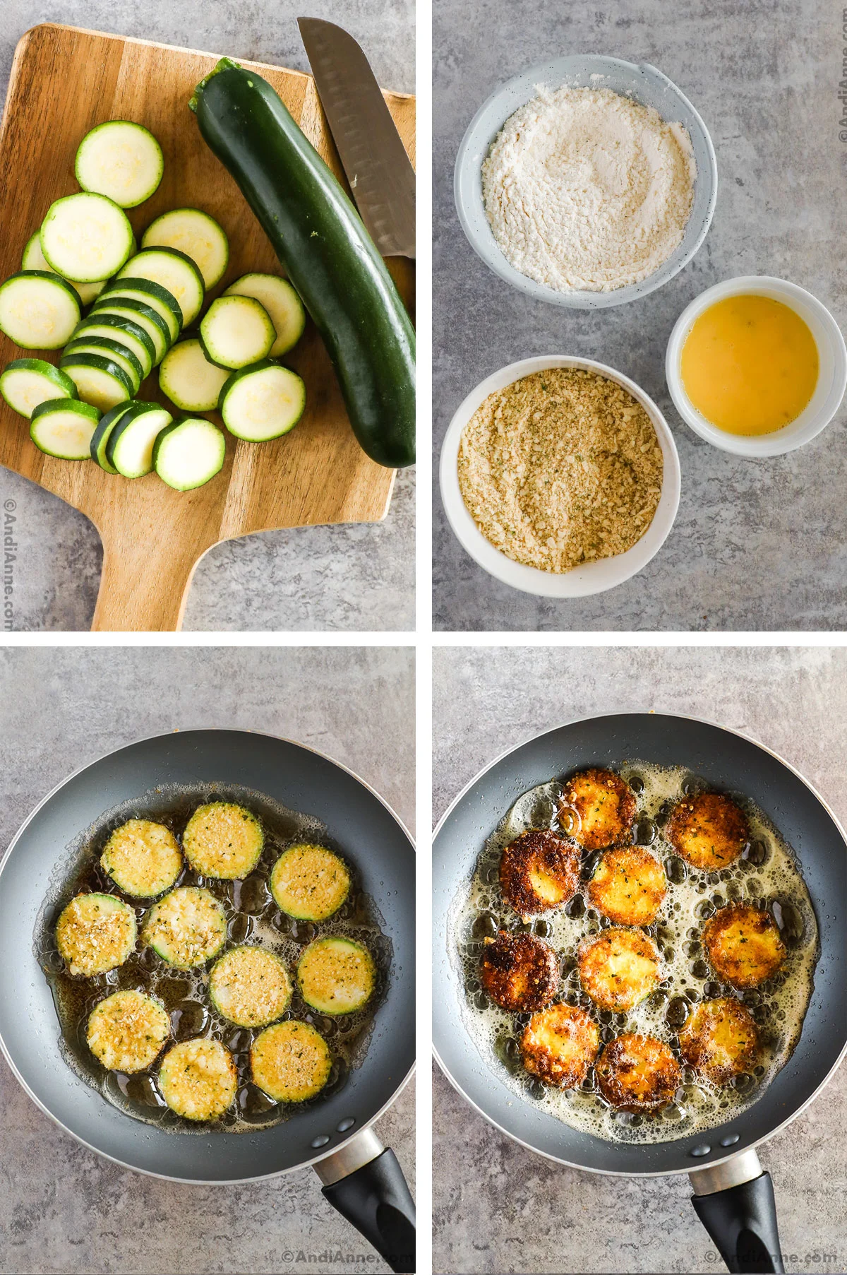 Four images showing steps to make recipe. First is sliced fresh zucchini, second is three bowls  of various ingredients, third is is uncooked zuchcini in frying pan with butter, last is cooked zucchini in frying pan with butter.