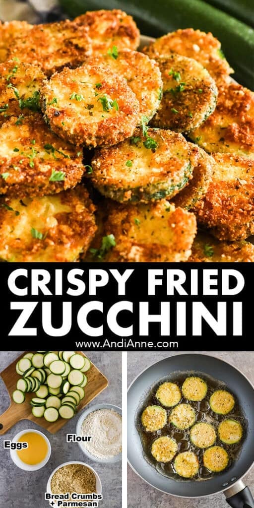 crispy fried zucchini, the ingredients to make it, and a frying pan with zucchini cooking