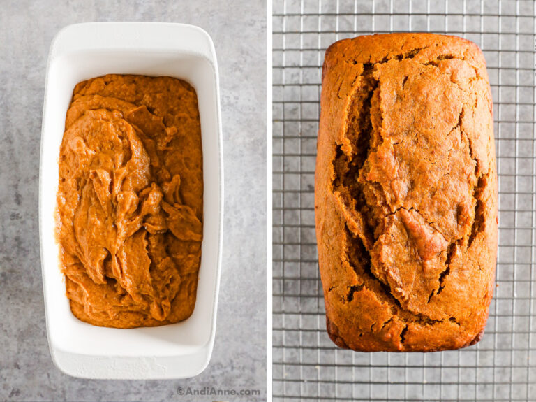 unbaked pumpkin bread in a loaf dish, and baked pumpkin bread on a rack.
