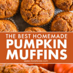 Pumpkin muffins, one with a bite taken out of it.