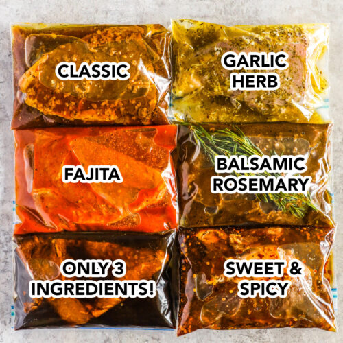 Six marinated steaks in bags including classic, fajita, only 3 ingredients, garlic herb, balsamic rosemary, and sweet and spicy.