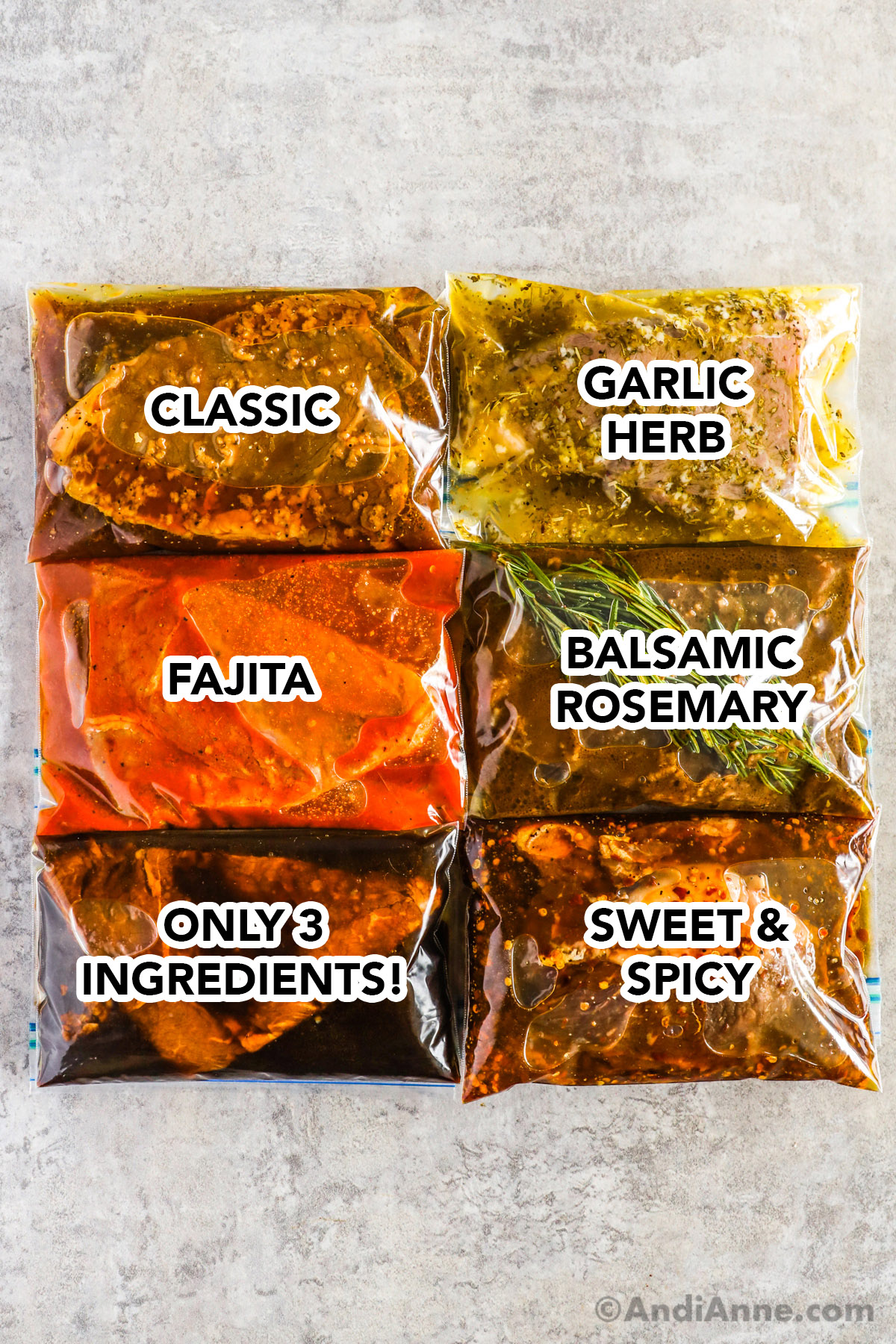 Six steaks in bags with marinades including classic, garlic herb, fajita, balsamic rosemary, only 3 ingredients, sweet and spicy.