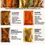 Six steak marinades with an ingredients list beside each one.