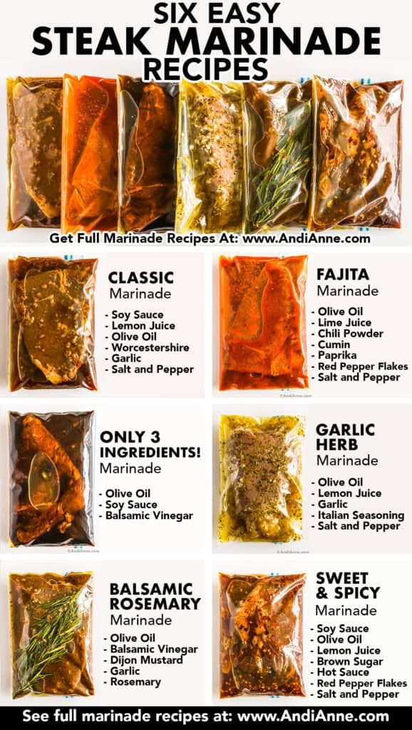 Six steak marinades with an ingredients list beside each one.