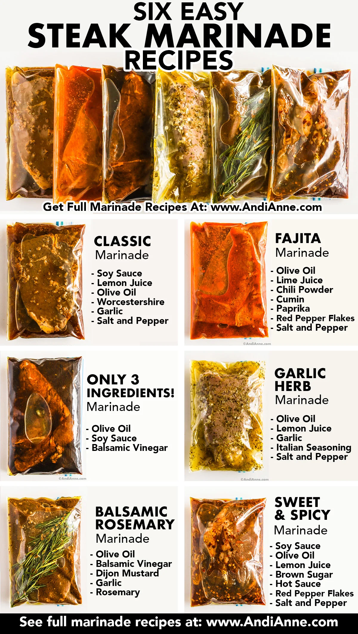Six steak marinade recipes in bags with raw steaks. All labelled with ingredients list beside each one. Flavors include classic, fajita, 3 ingredients, garlic herb, balsamic rosemary, sweet and spicy