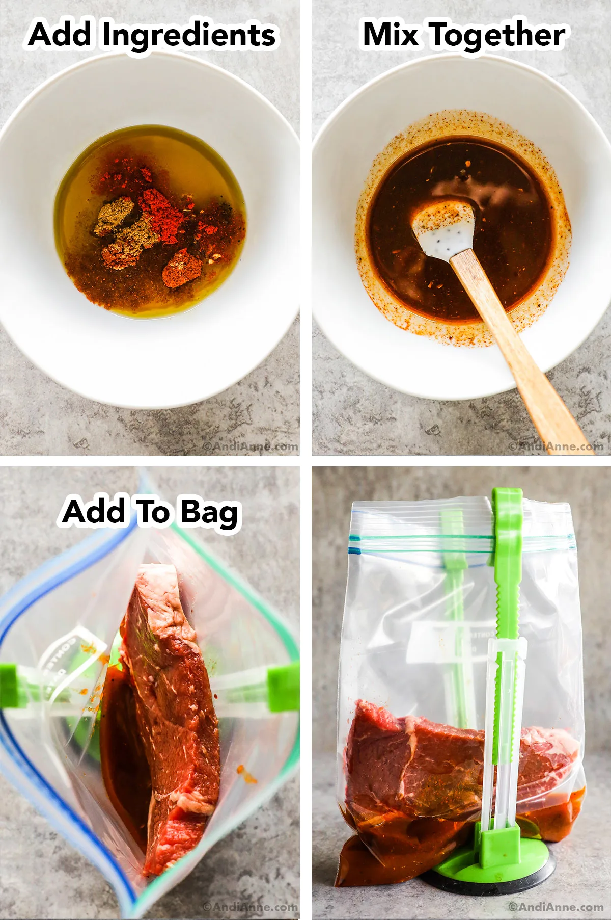 Four images grouped together. First two are bowls with marinade ingredients. Second two are raw steak and marinade in bag.