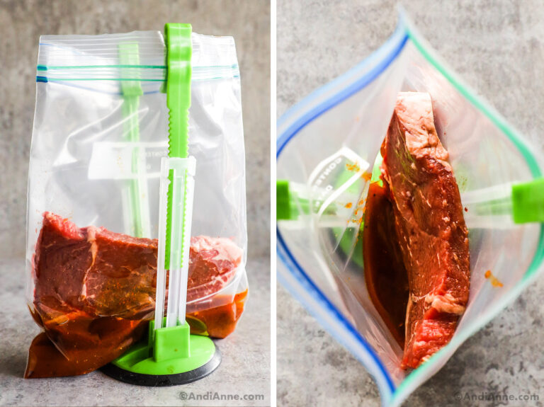 Steak with liquid inside a freezer bag held up by green bag clip stands