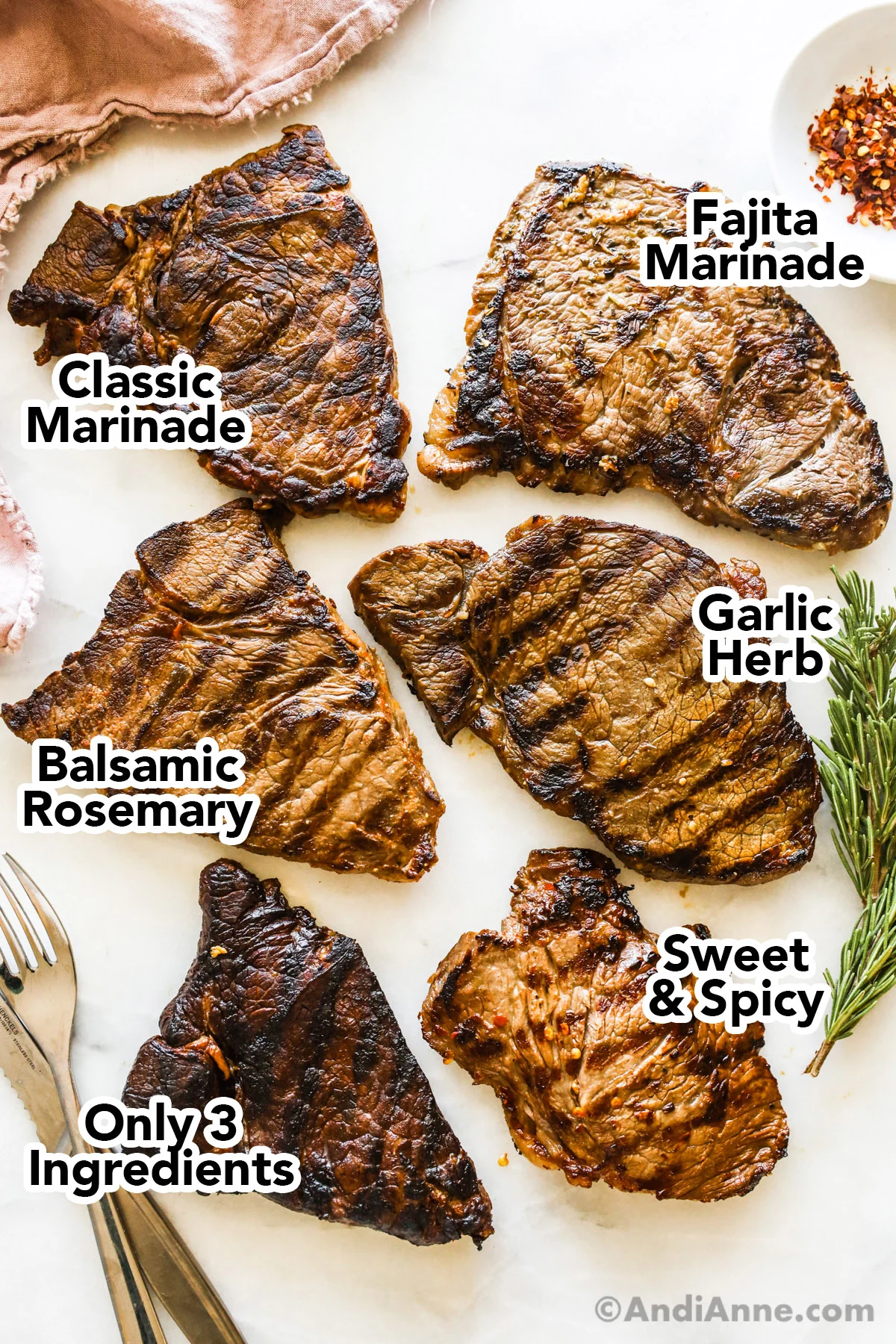 Six cooked marinated steaks with grill marks. Marinade flavors include classic marinade, fajita marinade, balsamic rosemary, garlic herb, 3 ingredients, sweet and spicy.