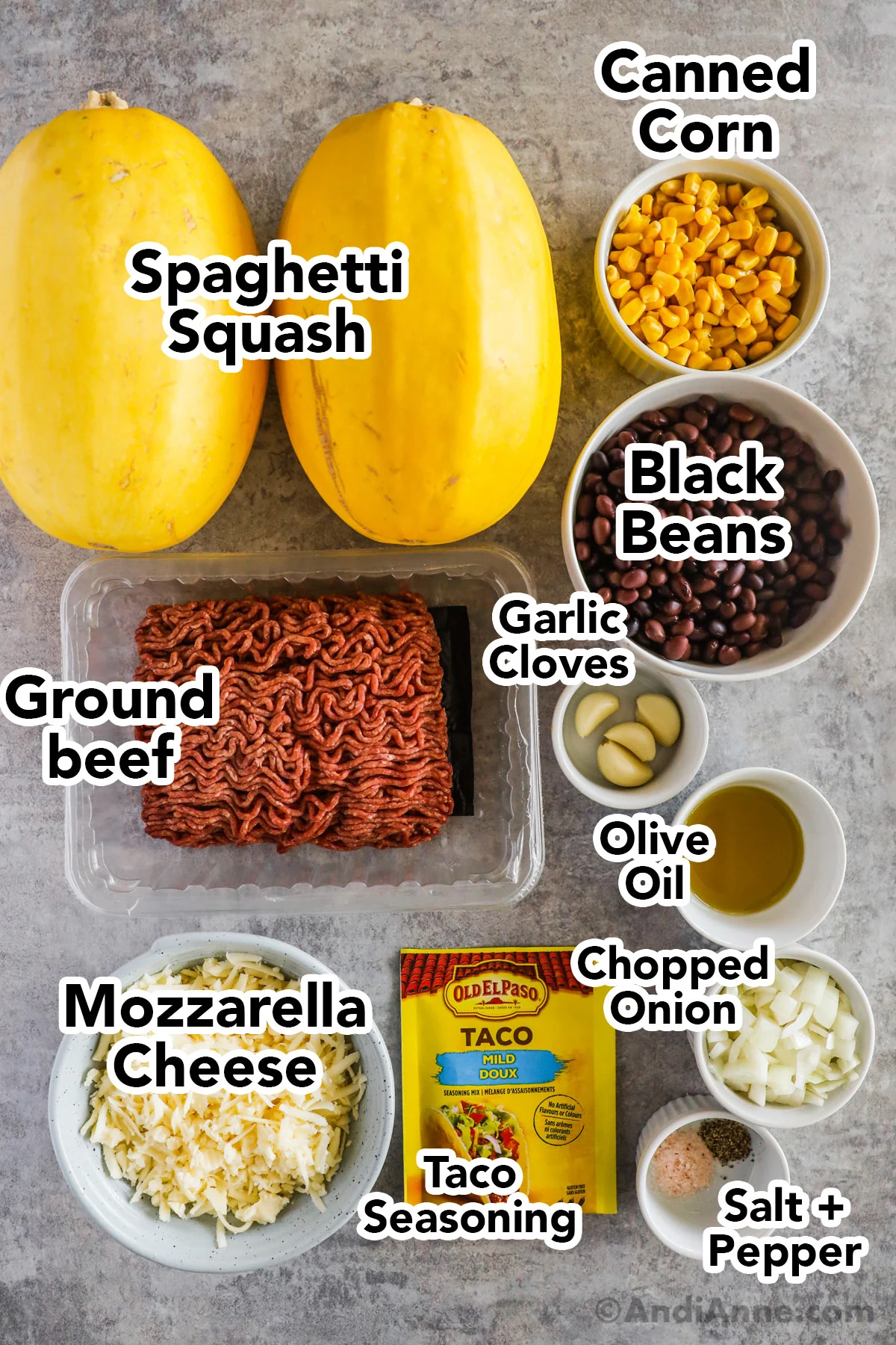Recipe ingredients including spaghetti squash, ground beef, beans, garlic, oil, shredded cheese, spices.