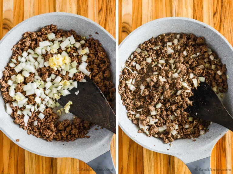 onions and ground beef in frying pan