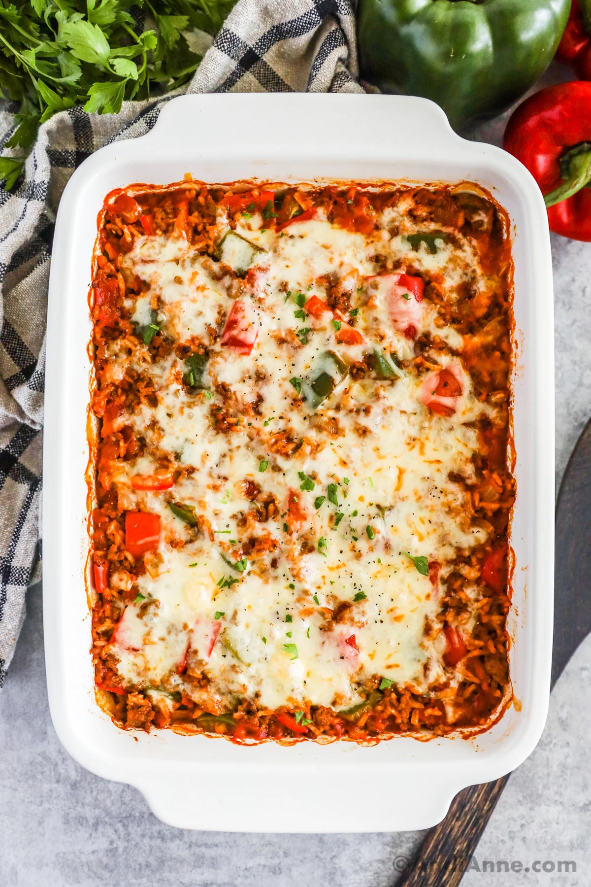 White casserole dish with unstuffed bell pepper casserole recipe.